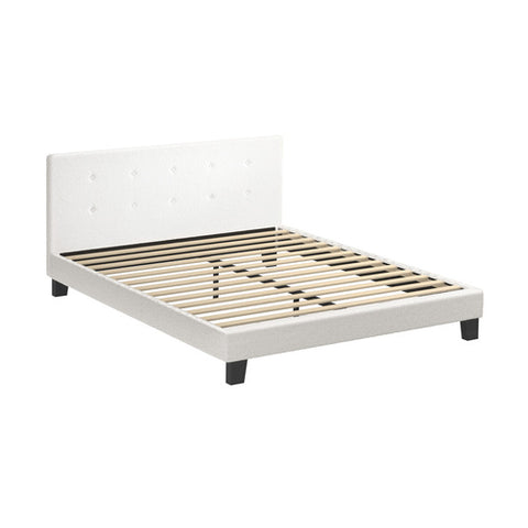 AMG--BED FRAME WOODEN SLATS BOUCLE FABRIC WHITE