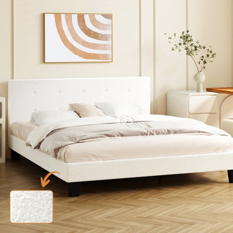 AMG--BED FRAME WOODEN SLATS BOUCLE FABRIC WHITE