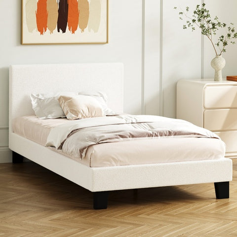 AMG--BED FRAME WOODEN SLATS BOUCLE FABRIC WHITE