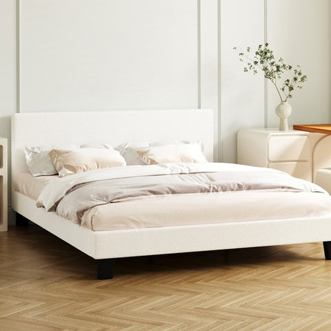 AMG--BED FRAME WOODEN SLATS BOUCLE FABRIC WHITE
