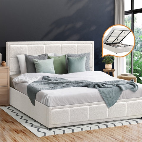 AMG-Bed Frame Gas Lift Storage Base Boucle White Single/Double/Queen/King