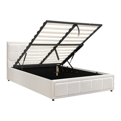 AMG-Bed Frame Gas Lift Storage Base Boucle White Single/Double/Queen/King