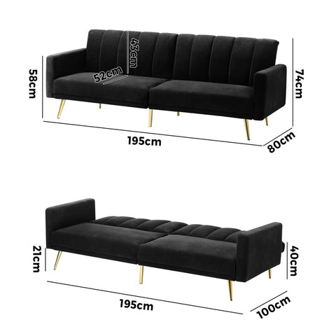 Oikiture 3-Seater Sofa Bed Velvet Black Blue Green