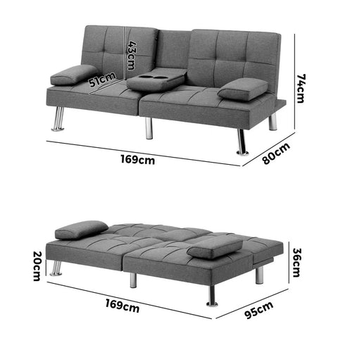 Oikiture 3-Seater Sofa Bed with Cup Holders Black Leather Blue Grey