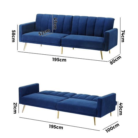 Oikiture 3-Seater Sofa Bed Velvet Black Blue Green