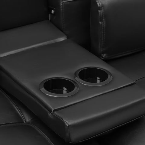 Oikiture 3-Seater Sofa Bed with Cup Holders Black Leather Blue Grey