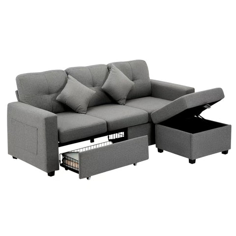 Oikiture 3 Seater Sofa Modular Couch Drawers Ottoman Velvet Grey Green