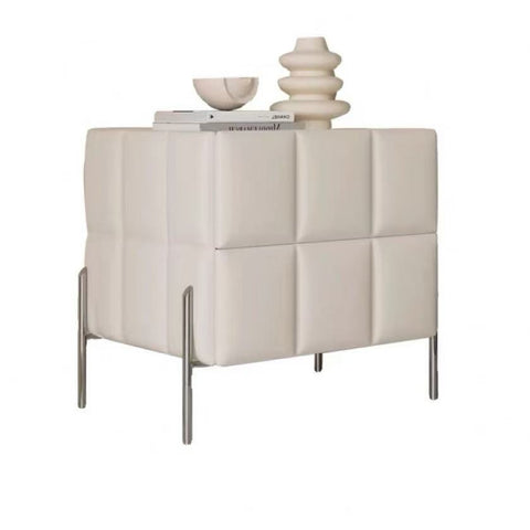 Italian minimalist bedside table in modern cream style, with leather finish