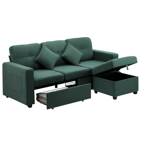 Oikiture 3 Seater Sofa Modular Couch Drawers Ottoman Velvet Grey Green