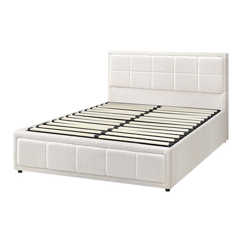 AMG-Bed Frame Gas Lift Storage Base Boucle White