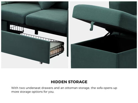 Oikiture 3 Seater Sofa Modular Couch Drawers Ottoman Velvet Grey Green