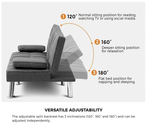 Oikiture 3-Seater Sofa Bed with Cup Holders Black Leather Blue Grey