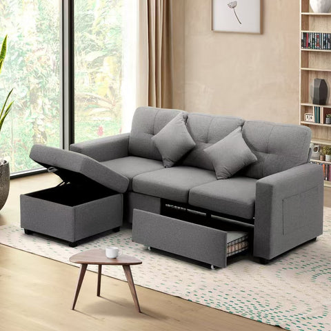 Oikiture 3 Seater Sofa Modular Couch Drawers Ottoman Velvet Grey Green