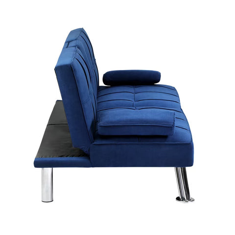 Oikiture 3-Seater Sofa Bed with Cup Holders Black Leather Blue Grey