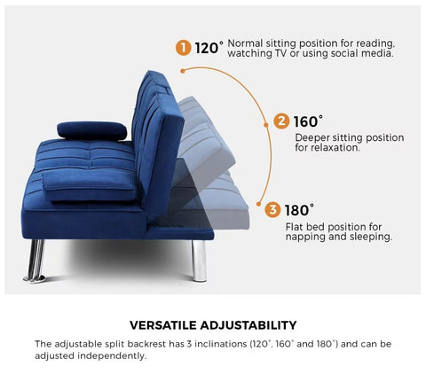 Oikiture 3-Seater Sofa Bed with Cup Holders Black Leather Blue Grey