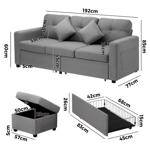 Oikiture 3 Seater Sofa Modular Couch Drawers Ottoman Velvet Grey Green