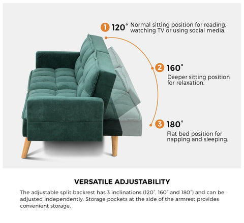 Oikiture Sofa Bed Convertible Velvet 3-Seater Grey Green