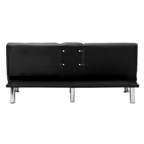 Oikiture 3-Seater Sofa Bed with Cup Holders Black Leather Blue Grey