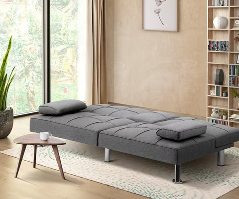 Oikiture 3-Seater Sofa Bed with Cup Holders Black Leather Blue Grey