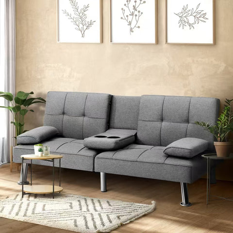 Oikiture 3-Seater Sofa Bed with Cup Holders Black Leather Blue Grey