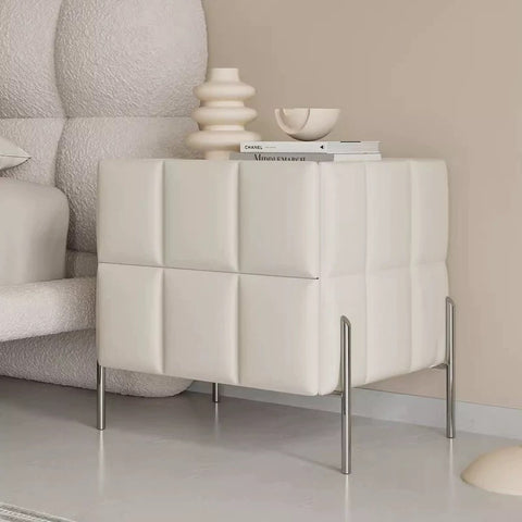 Italian minimalist bedside table in modern cream style, with leather finish