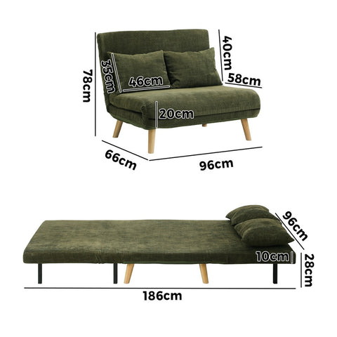 Oikiture Lounge Sofa Bed Linen Fabric Double Seat Grey Green White