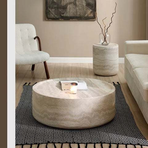 French cream-style travertine round coffee table