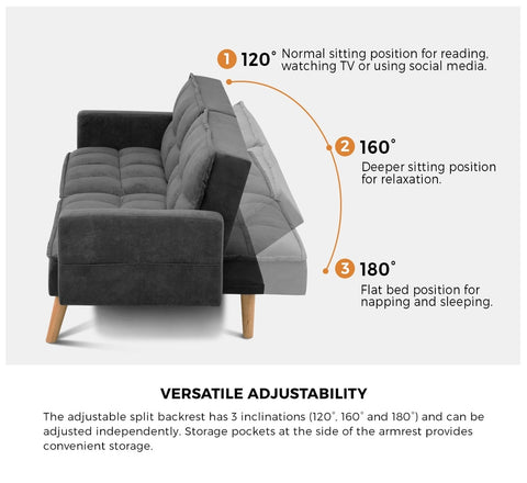 Oikiture Sofa Bed Convertible Velvet 3-Seater Grey Green