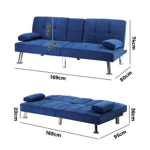 Oikiture 3-Seater Sofa Bed with Cup Holders Black Leather Blue Grey