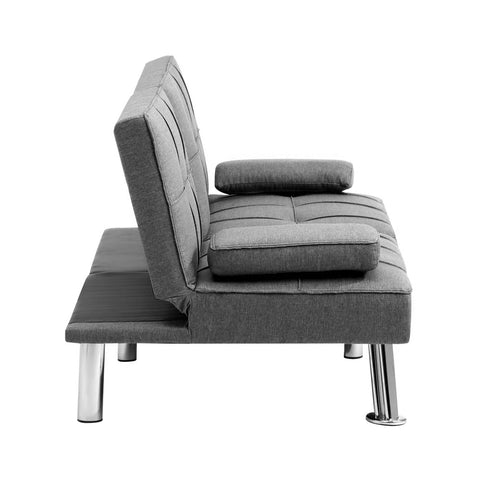 Oikiture 3-Seater Sofa Bed with Cup Holders Black Leather Blue Grey