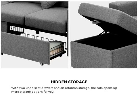 Oikiture 3 Seater Sofa Modular Couch Drawers Ottoman Velvet Grey Green