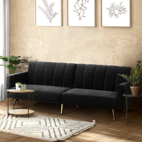 Oikiture 3-Seater Sofa Bed Velvet Black Blue Green