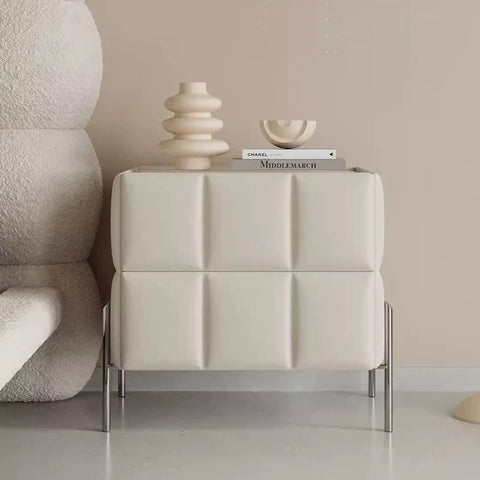 Italian minimalist bedside table in modern cream style, with leather finish