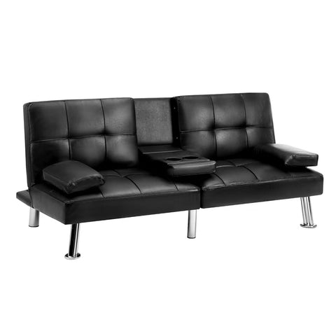 Oikiture 3-Seater Sofa Bed with Cup Holders Black Leather Blue Grey