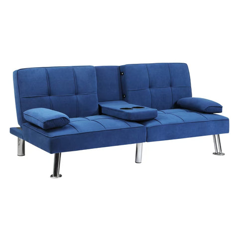 Oikiture 3-Seater Sofa Bed with Cup Holders Black Leather Blue Grey