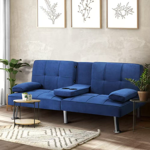 Oikiture 3-Seater Sofa Bed with Cup Holders Black Leather Blue Grey
