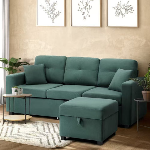 Oikiture 3 Seater Sofa Modular Couch Drawers Ottoman Velvet Grey Green