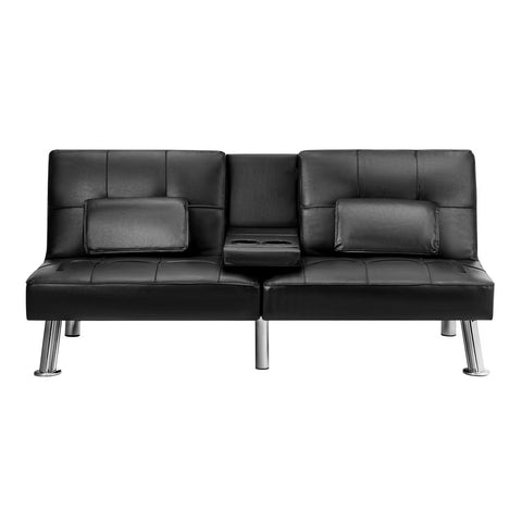 Oikiture 3-Seater Sofa Bed with Cup Holders Black Leather Blue Grey