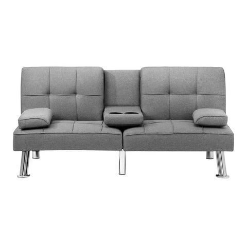 Oikiture 3-Seater Sofa Bed with Cup Holders Black Leather Blue Grey