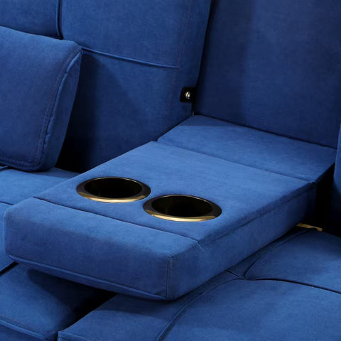 Oikiture 3-Seater Sofa Bed with Cup Holders Black Leather Blue Grey