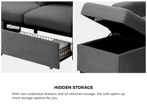 Oikiture 3 Seater Sofa Modular Couch Drawers Ottoman Velvet Grey Green