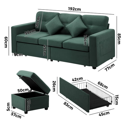 Oikiture 3 Seater Sofa Modular Couch Drawers Ottoman Velvet Grey Green