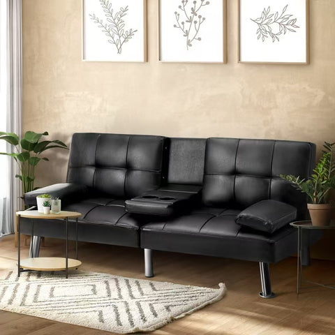 Oikiture 3-Seater Sofa Bed with Cup Holders Black Leather Blue Grey