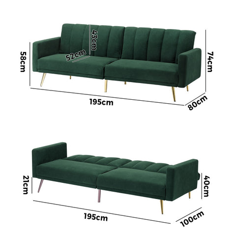 Oikiture 3-Seater Sofa Bed Velvet Black Blue Green