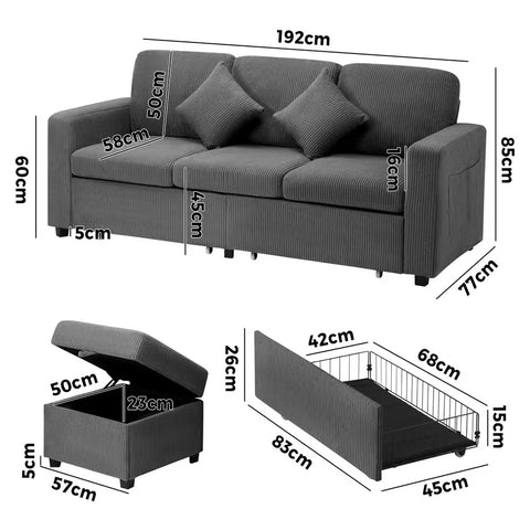 Oikiture 3 Seater Sofa Modular Couch Drawers Ottoman Velvet Grey Green