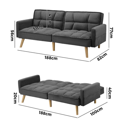 Oikiture Sofa Bed Convertible Velvet 3-Seater Grey Green