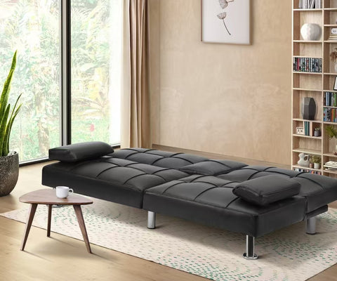 Oikiture 3-Seater Sofa Bed with Cup Holders Black Leather Blue Grey