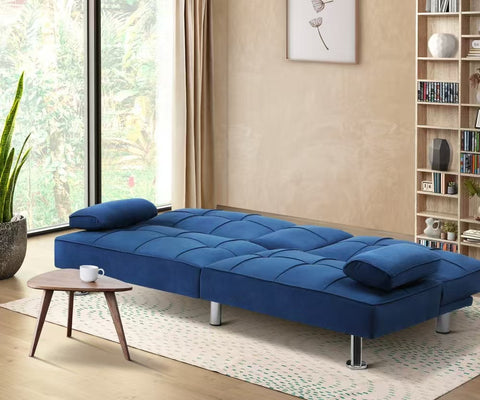 Oikiture 3-Seater Sofa Bed with Cup Holders Black Leather Blue Grey